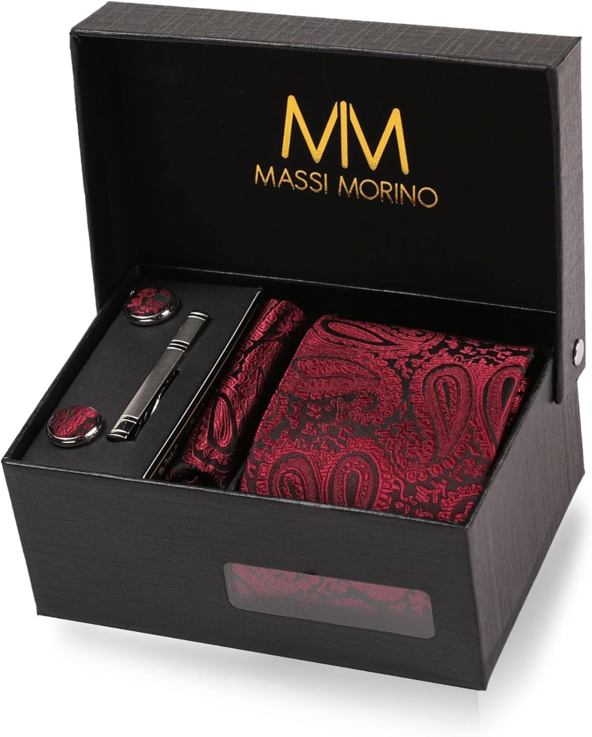 Massi Morino Cravate Homme avec mouchoirs de poche, boutons de manchette et pinces à cravate – Coffret cadeau