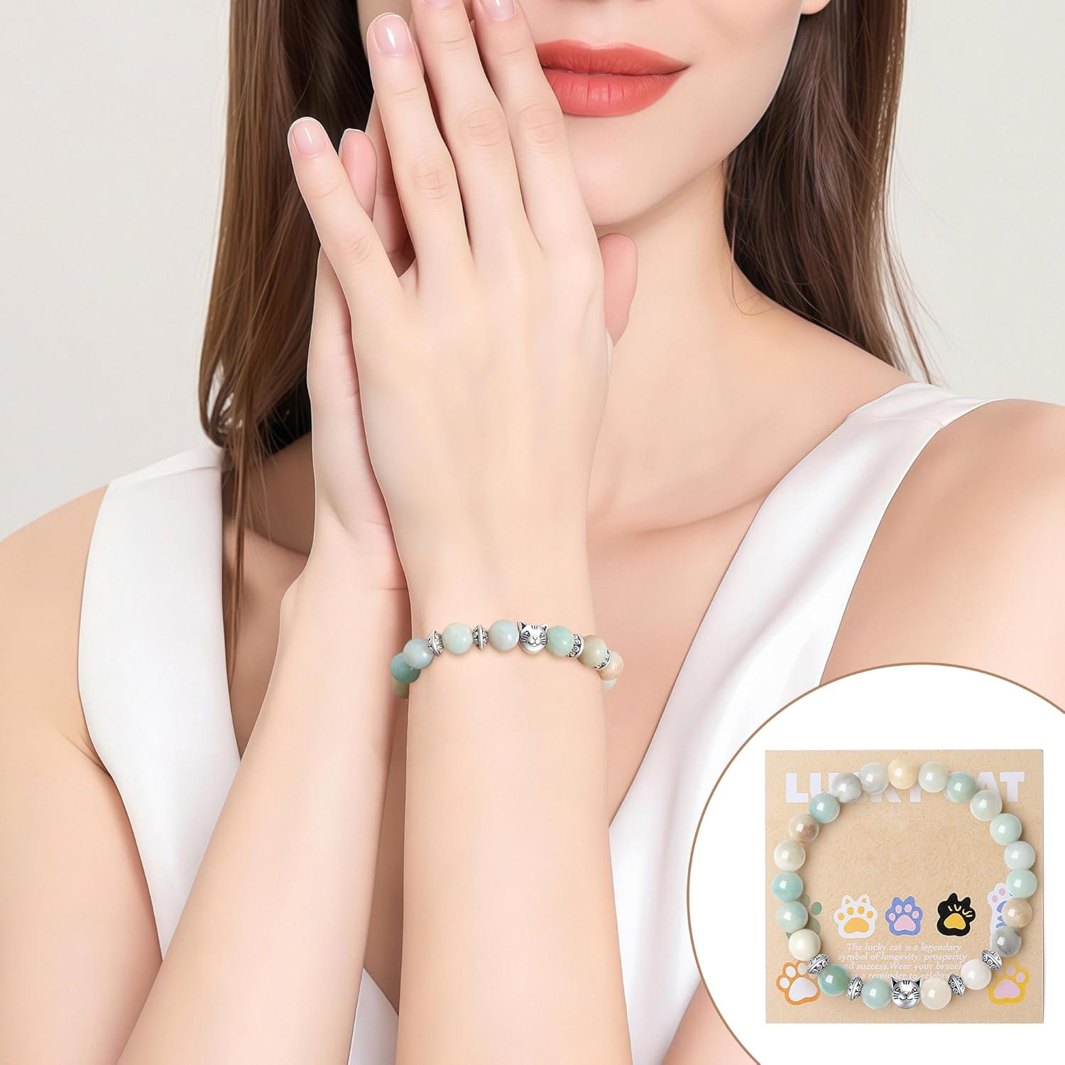 Detalle de AWARDSEN 8 mm Animal Themed Crystal Bracelet – Cat, Elephant, Owl, Turtle or Panda Charm for Women