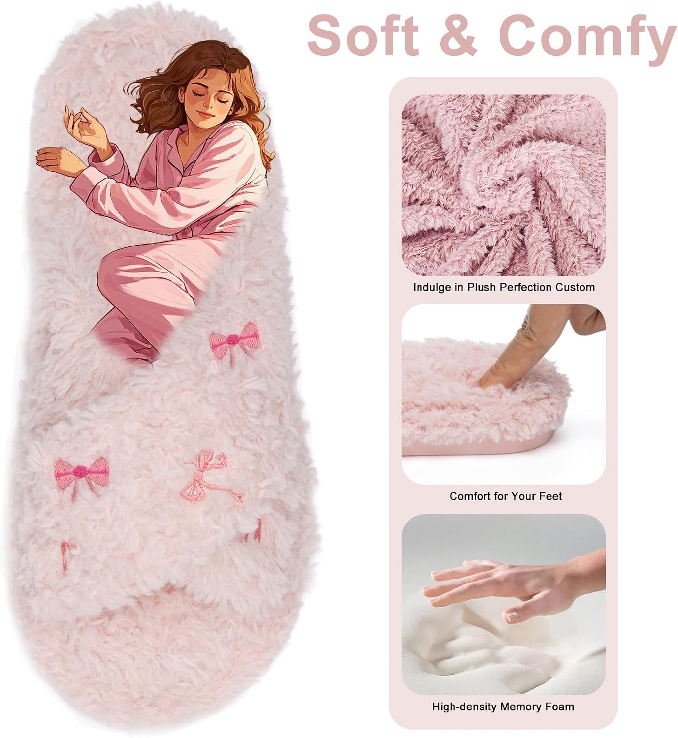 Detalle de GOEWY Fuzzy Open-Toe Slippers for Women, Memory Foam, Faux Fur, TPR Sole