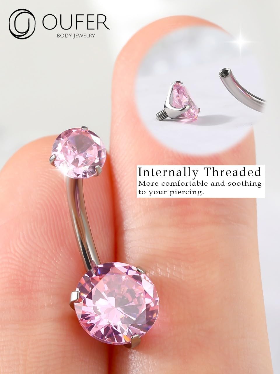 Detalle de OUFER Body Piercing en titane pour nombril : barre interne 14G extra longue avec double CZ (longueurs 10 à 16 mm)