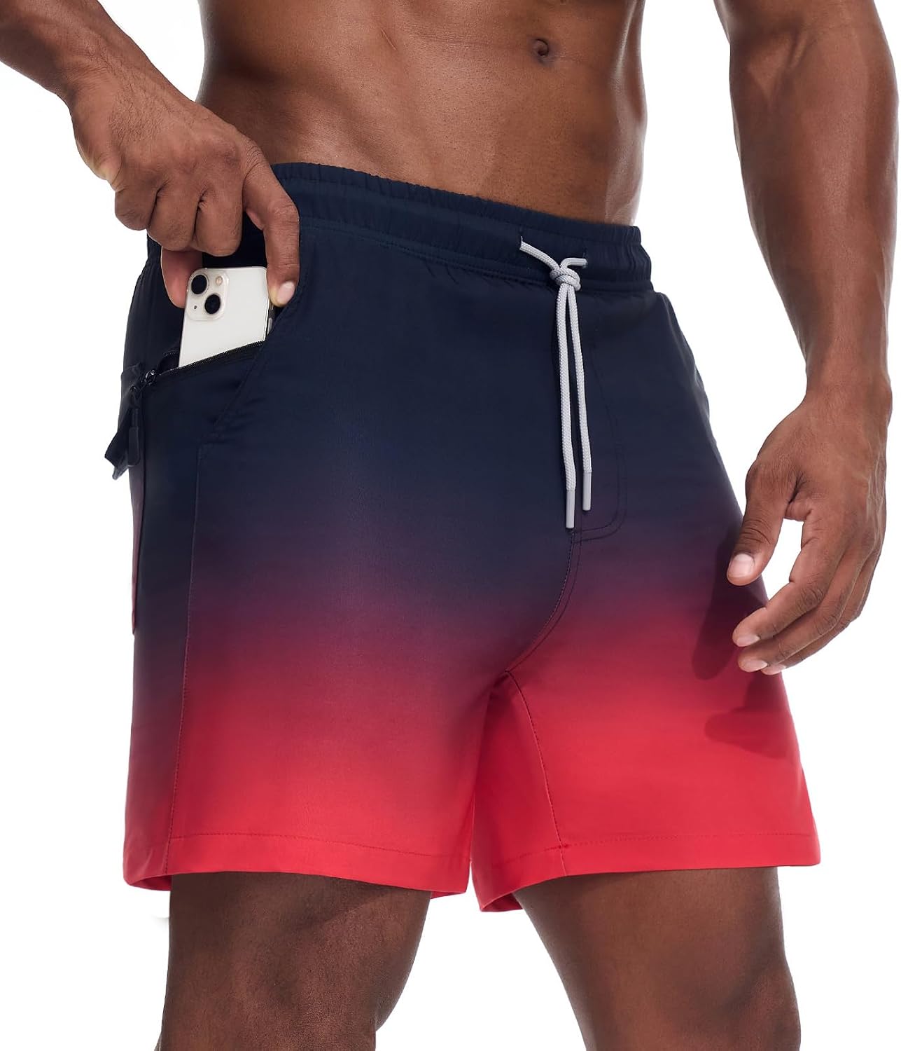 Detalle de Danfiki men’s 2 in 1 swimming shorts with mesh compression liner, zipper pockets & gradient quick-dry finish