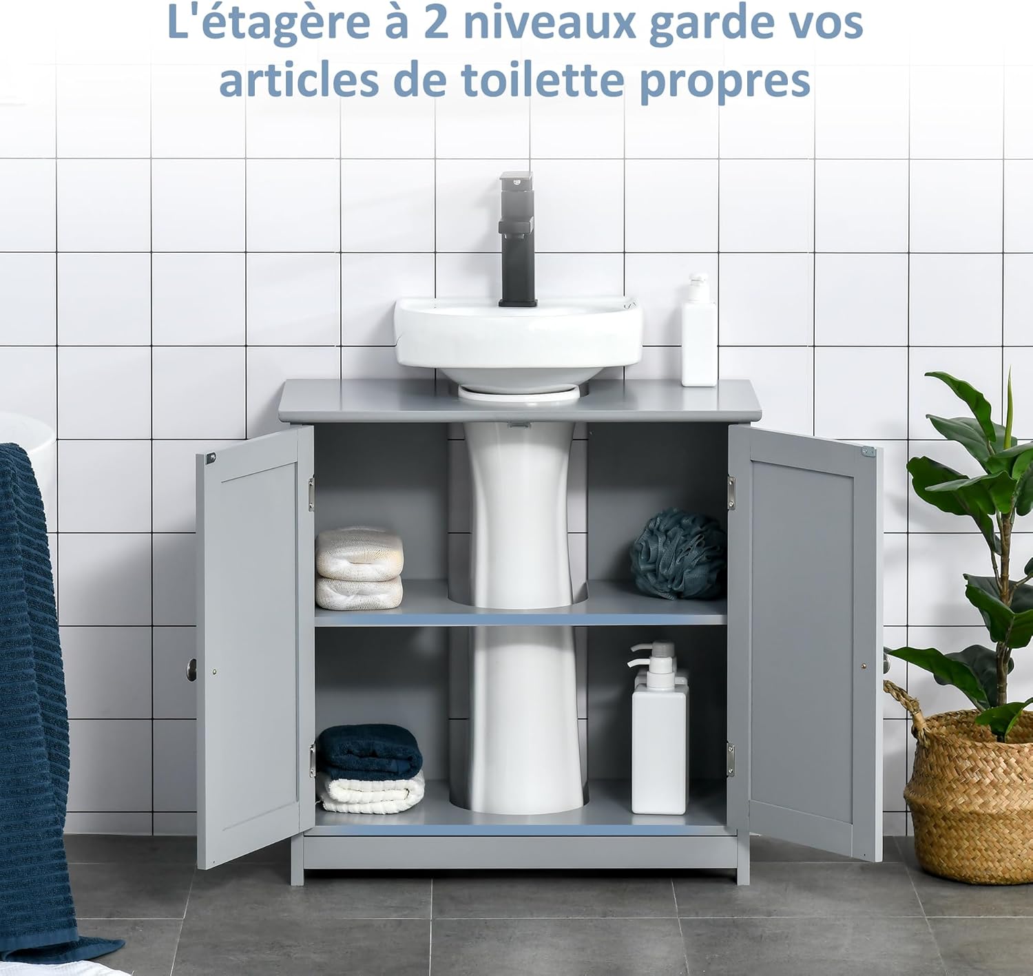 Detalle de Kleankin meuble salle de bain sous lavabo gris avec double porte et étagère