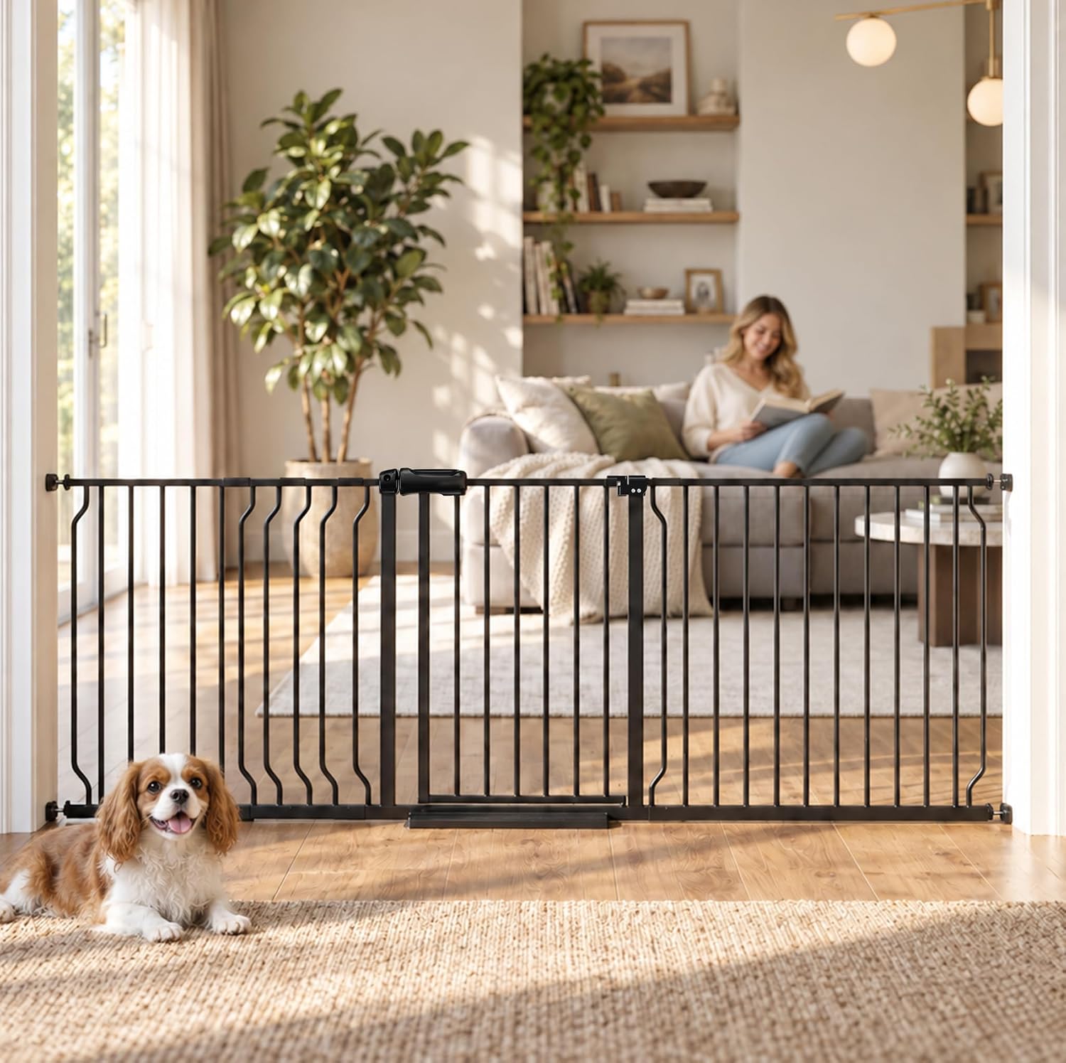 Detalle de TSAYAWA Black Extra-Wide Walk-Through Baby Gate, 71.65–85.82-Inch Pressure Mount