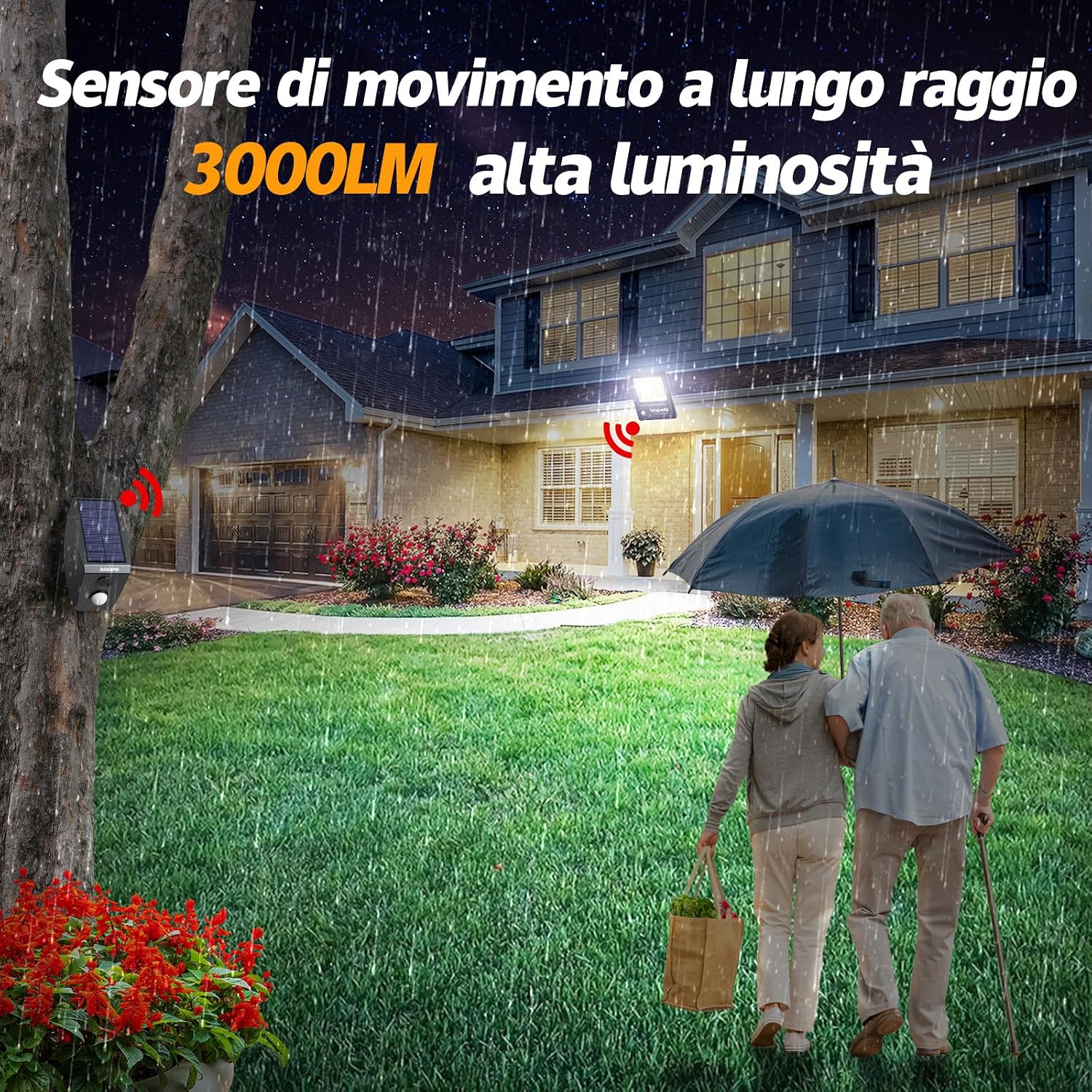 Detalle de INTELAMP Faro Led Esterno con Pannello Solare 12000mAh, 3000LM, Impermeabile IP65, Telecomando e Sensore