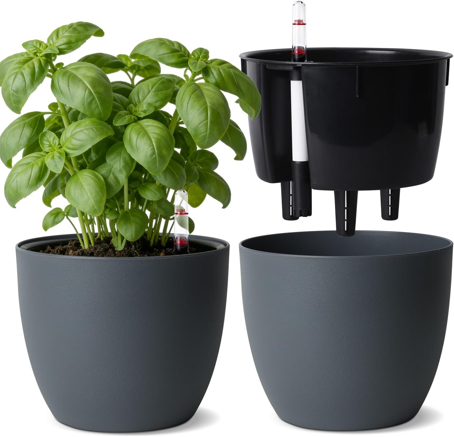 Detalle 2 de T4U zelfbewaterende plantenpotten 15 cm, set van 2, grijs met waterindicator