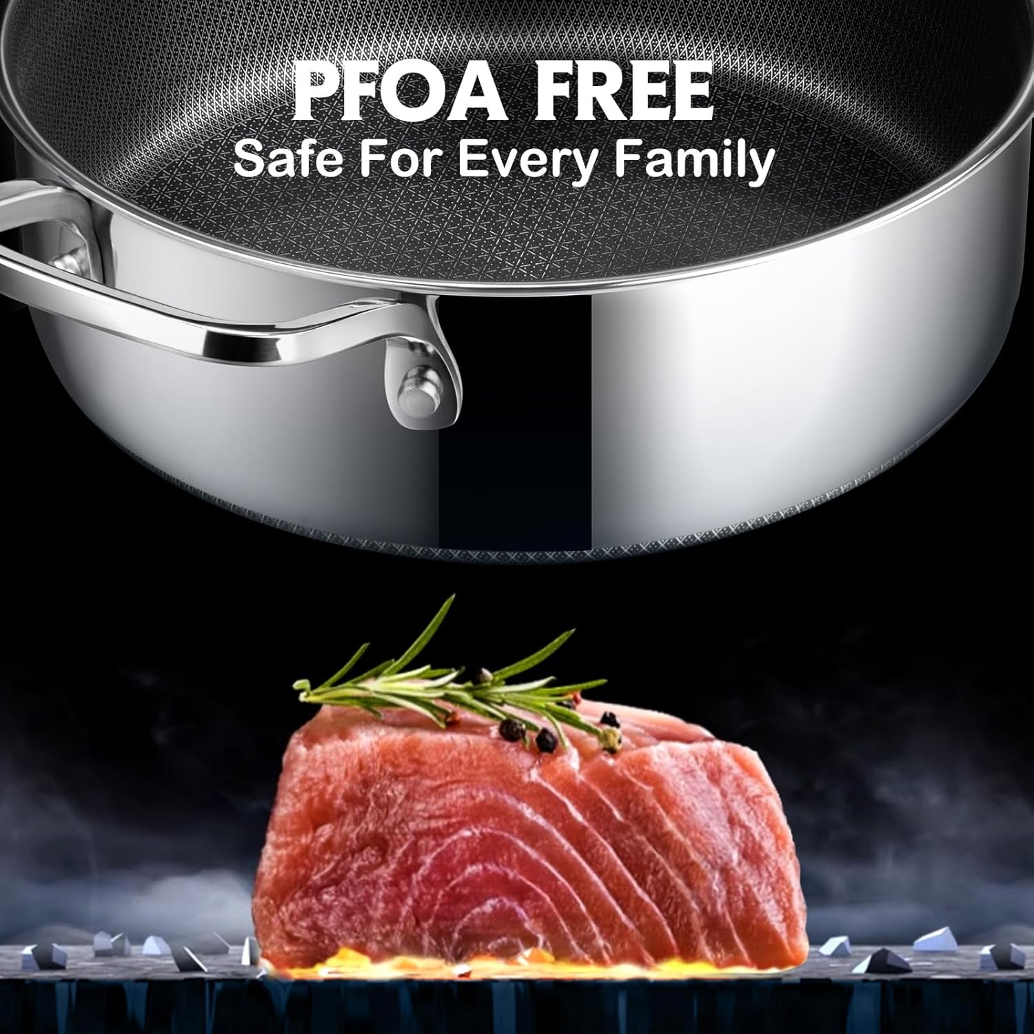 Detalle de SNOWCLAD Hybrid Nonstick Frying Pan with Lid, 12-inch 5 Quart Saute Pan (PFOA-Free, Stainless Steel)