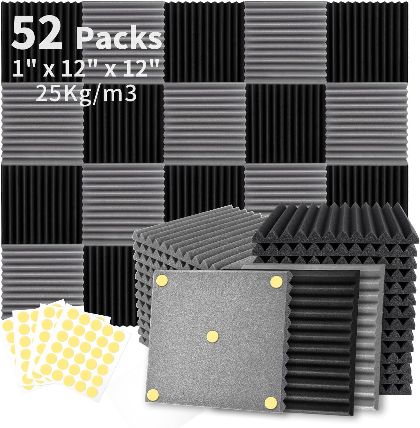 Detalle de Focusound 52-Pack Acoustic Foam Panels, 1" x 12" x 12", Black and Grey