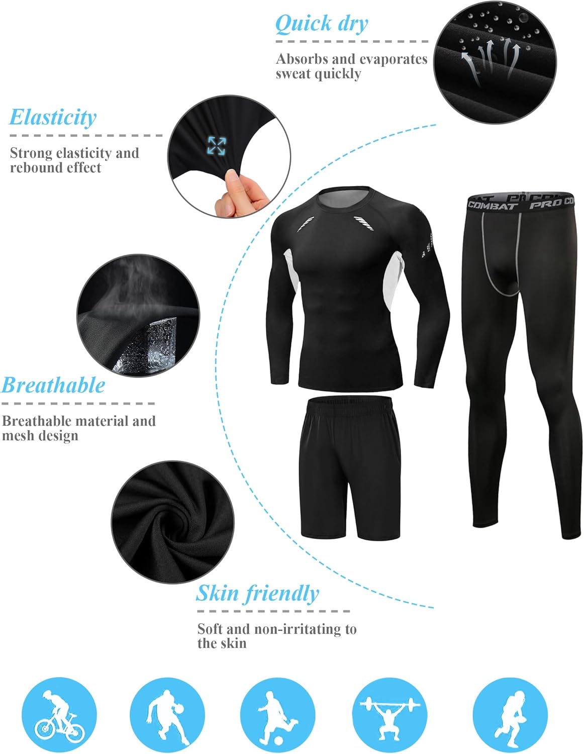 Thumbnail 2 de Ensemble Compression Homme 3 pièces T-shirt manches longues + Legging + Shorts de sport pour running