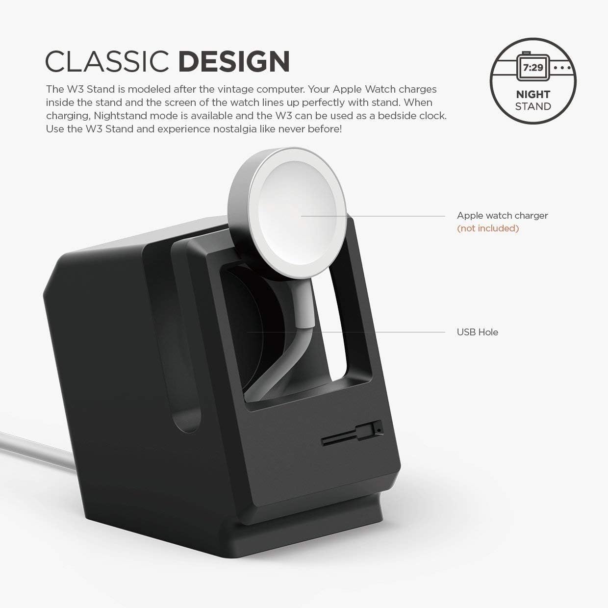 Thumbnail 2 de elago W3 Stand for Apple Watch Nightstand Mode (Black) – Classic monitor design for 46mm to 38mm