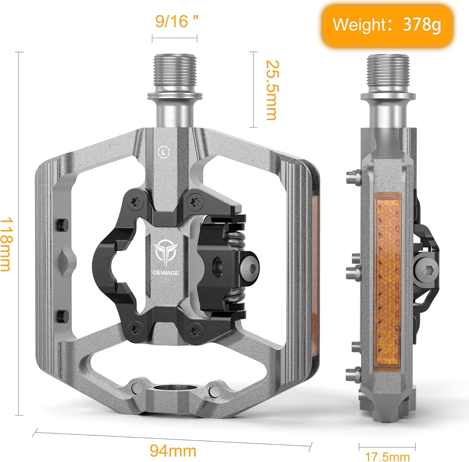 Thumbnail 2 de GEWAGE pédales de VTT plateforme 9/16" avec réflecteurs et pédales à clic compatibles SPD