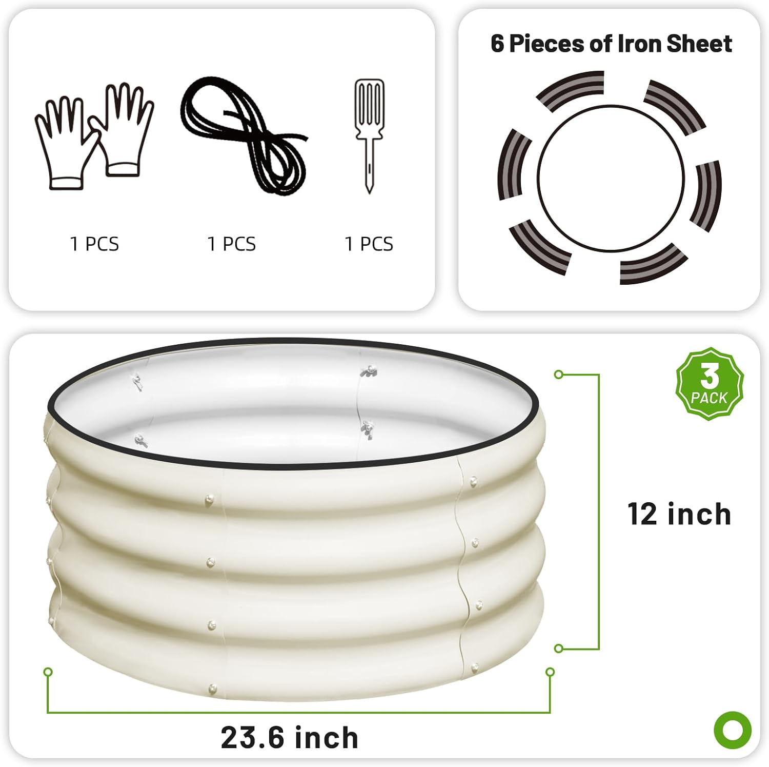 Detalle 2 de SnugNiture 3-Piece Round Galvanized Raised Garden Bed Kit, White, 2x2x1 ft