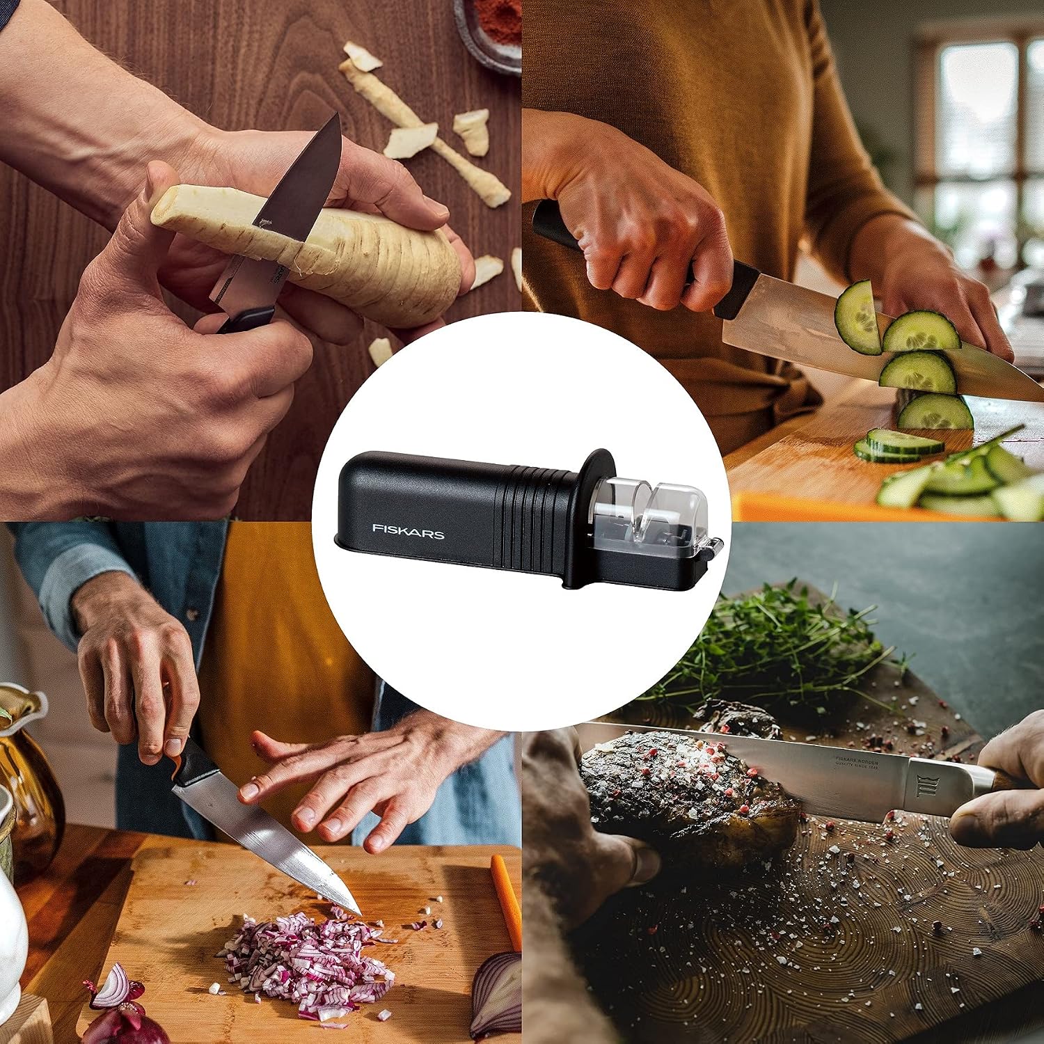 Detalle de Fiskars Roll-Sharp 1065598 knivslip med keramisk slipsten, Essential, svart