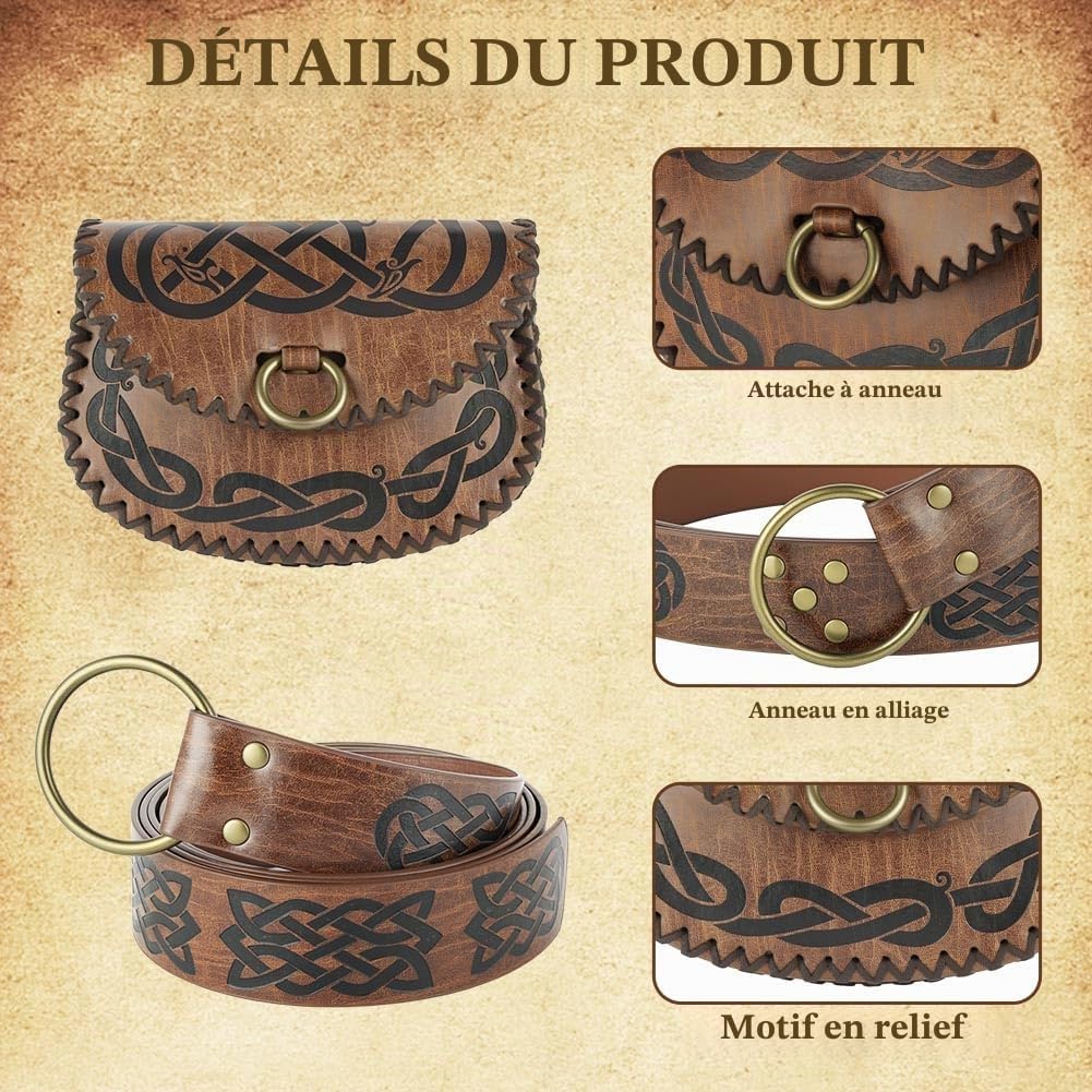 Detalle de AYBUY Ceinture Médiévale avec Relief Nordique et Sac Banane en Simili-Cuir – Brun-B