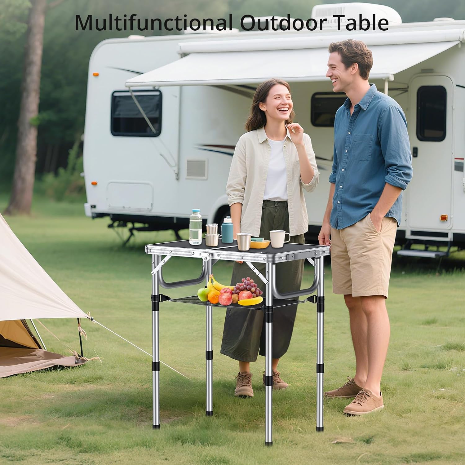 Detalle 2 de Anbte Folding Camping Table with Storage Net (3 adjustable heights) – black, portable outdoor picnic table