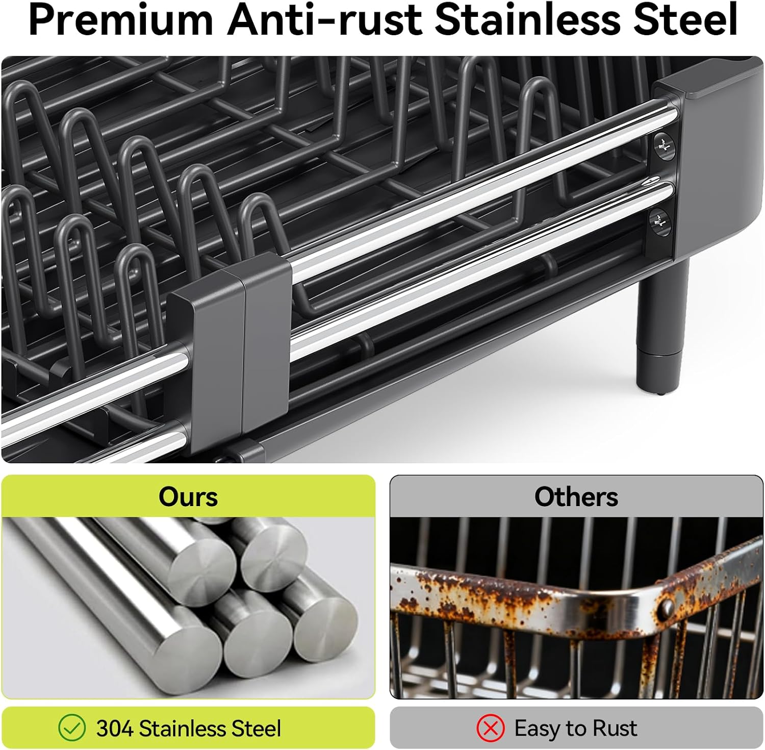 Detalle 1 de Urackify Extendable Stainless Steel Dish Rack, Black, with Swivel Drain Spout