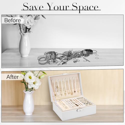Detalle de Yarmiene Joyero Mujer Organizador de Dos Niveles en Cuero PU, 23x17x9 cm – Blanco Perla