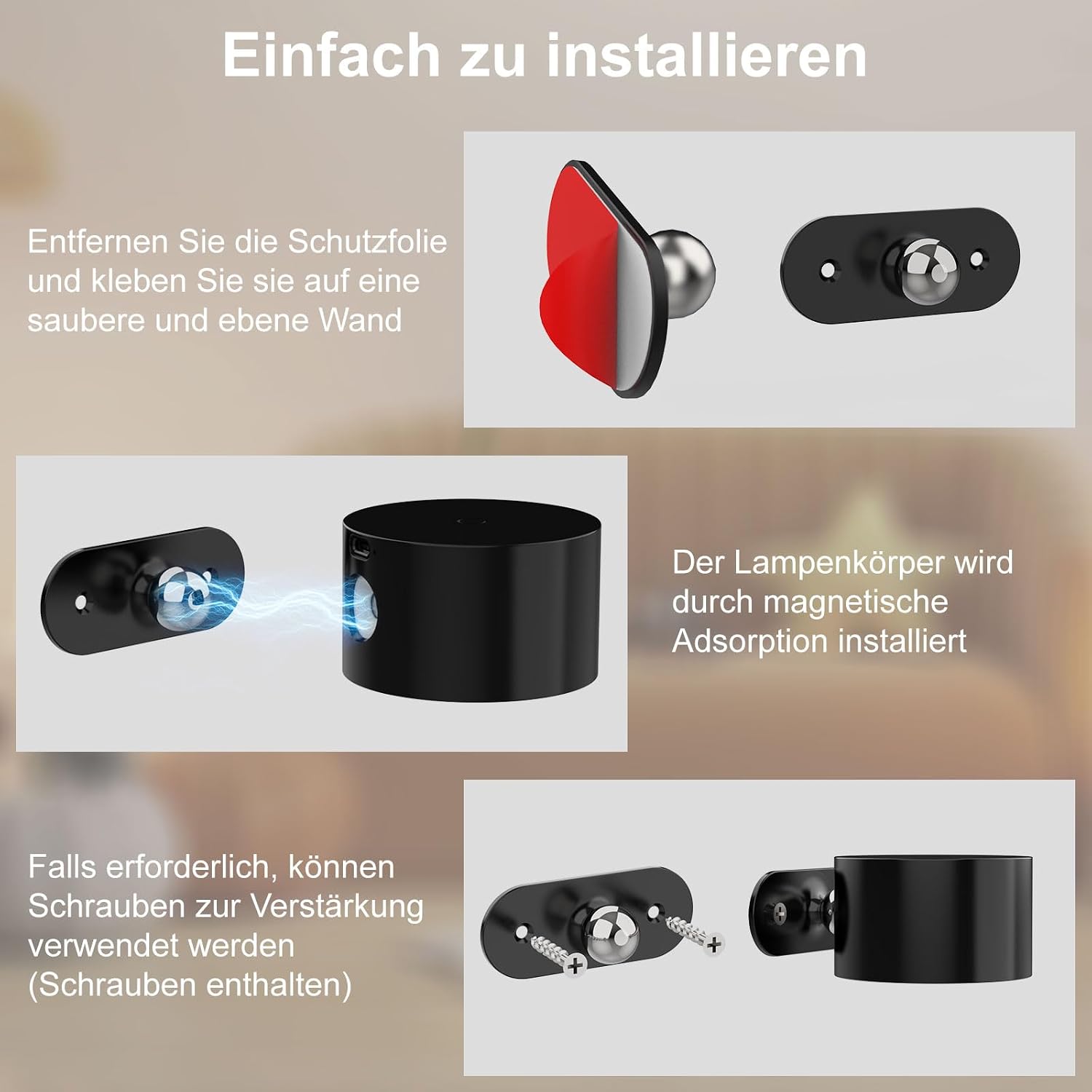 Detalle de Feallive LED Wandleuchte Innen mit Akku – kabellose Wandlampe mit Touch Control, 360° Drehung, 3 Helligkeitsstufen & 3 Farbmodi