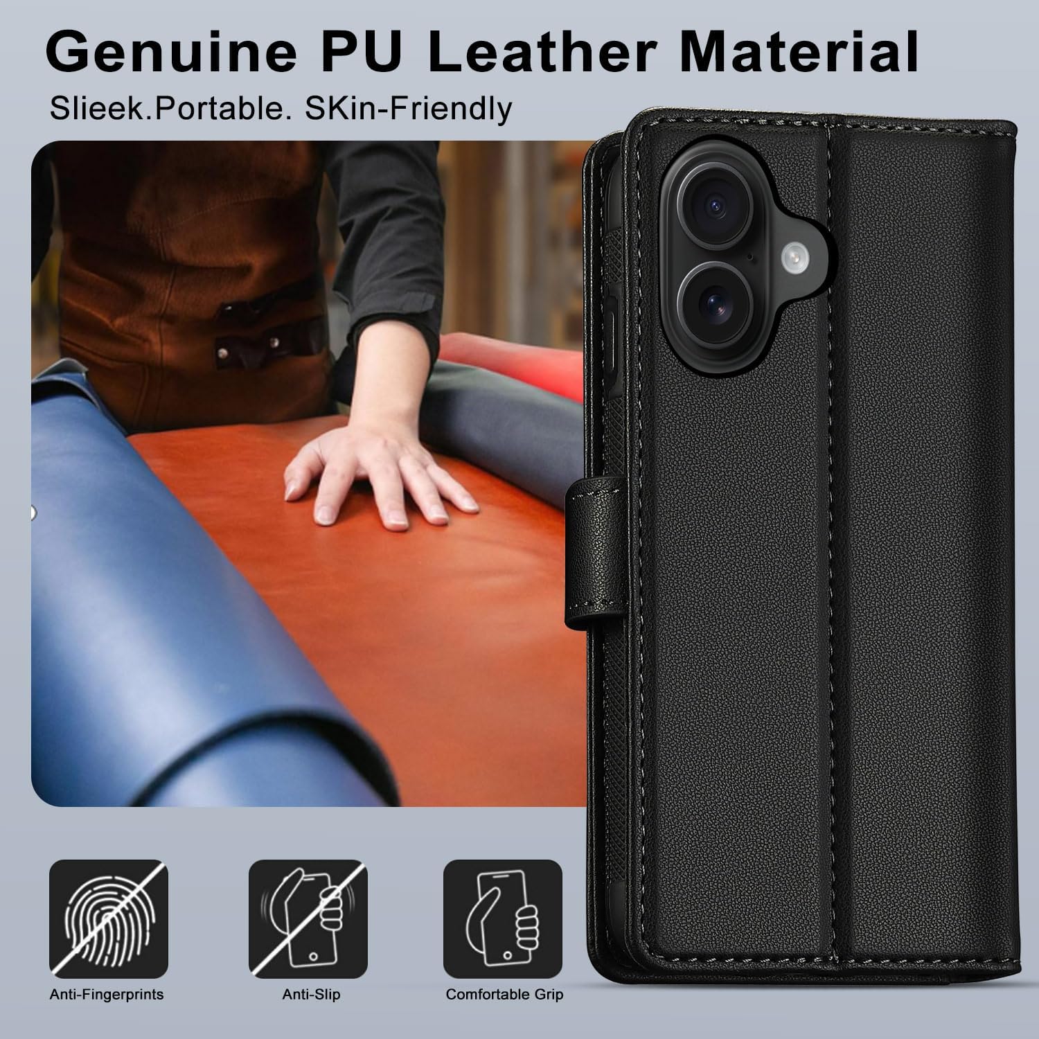 Detalle de XTCASE Magnétique Coque 2 en 1 pour iPhone 16 – Porte-feuille PU Noir avec MagSafe