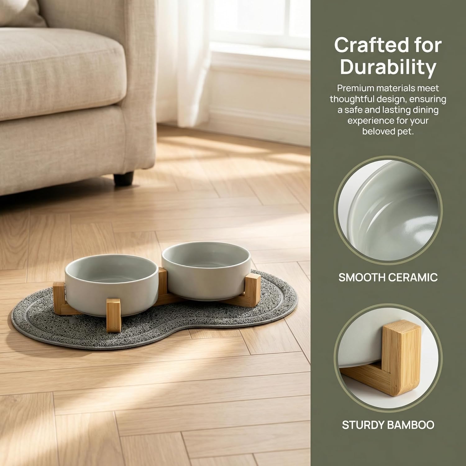 Detalle 2 de Vurixfo Ceramic Pet Bowl Set with Stand & Non-Slip Mat (4 Pack) 400ml Grey