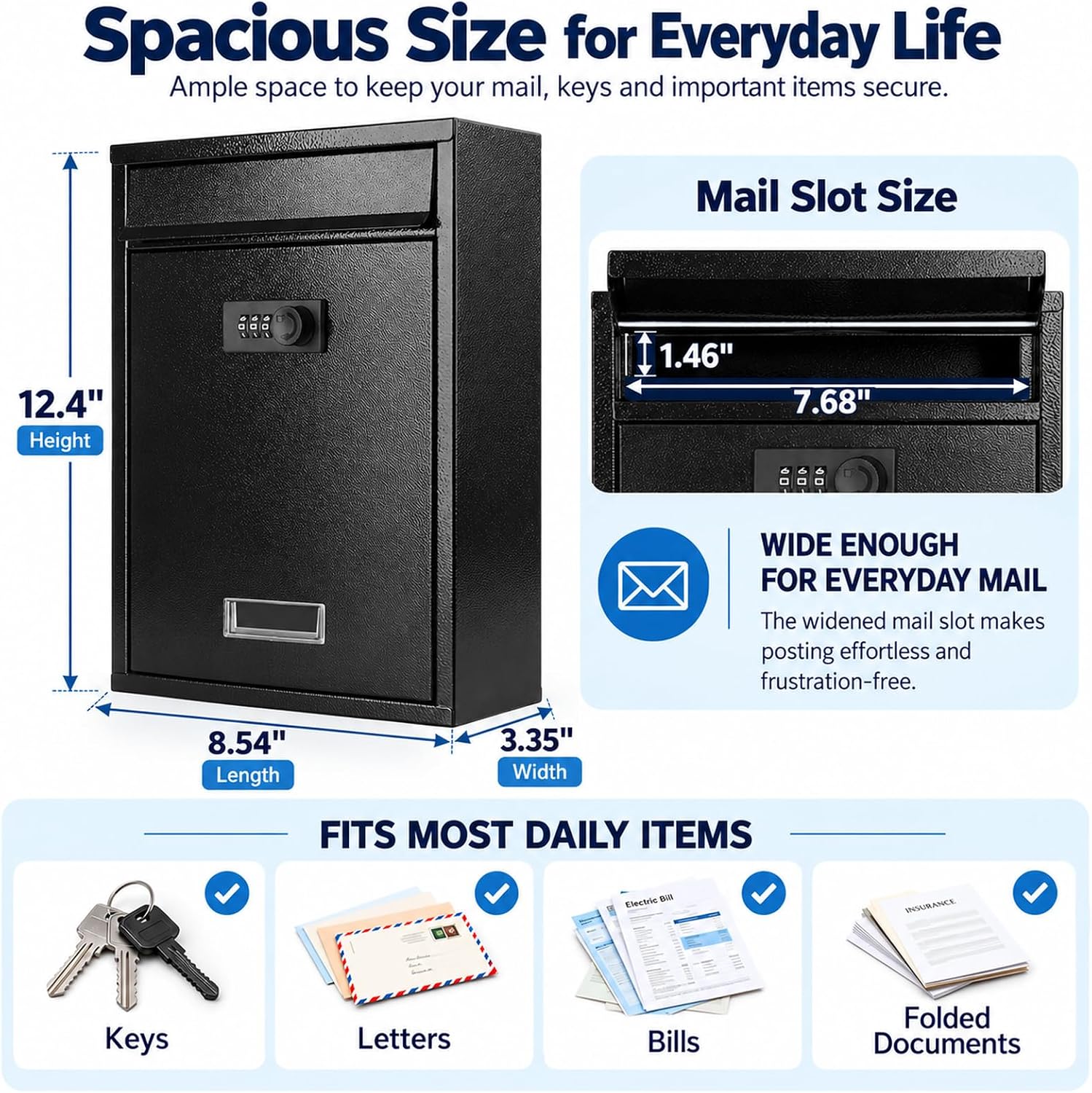 Detalle 2 de KYODOLED 30 Wall-Mount Mailbox with 3-Digit Combination Lock, Black Steel