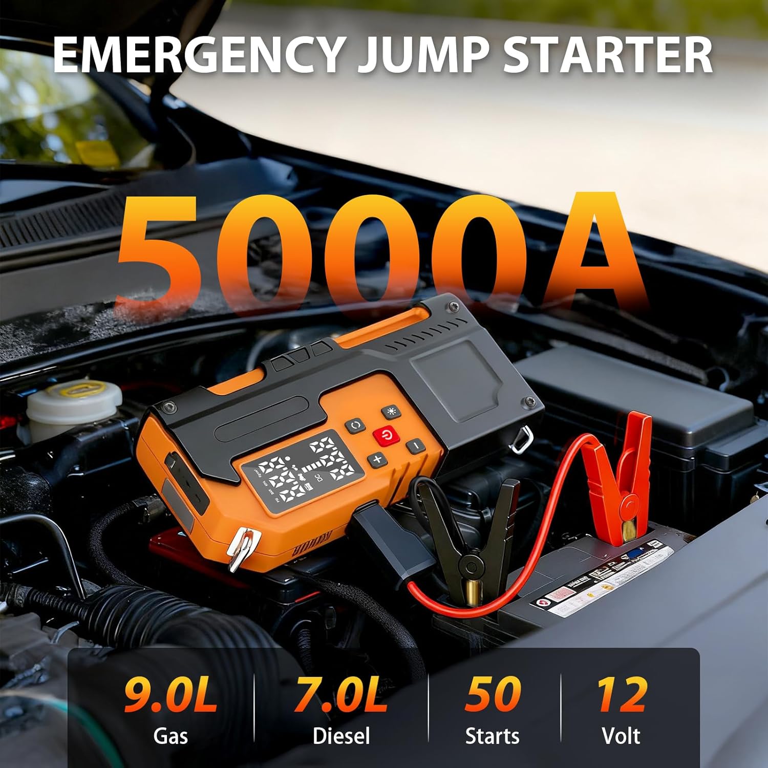 Detalle 2 de 5000A Jump Starter Power Pack with 150 PSI Tyre Inflator – 10000mAh Car Battery Booster