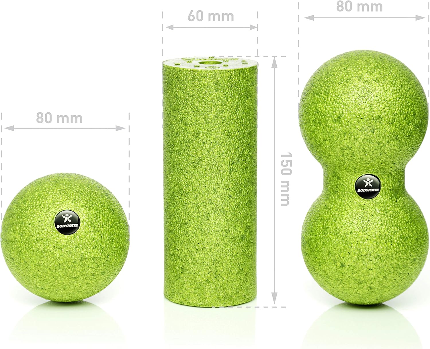 Detalle de Set massage des fascias BODYMATE : mini rouleau L15 cm, balle Ø8 cm et duo de balles Ø8 cm (vert pomme)