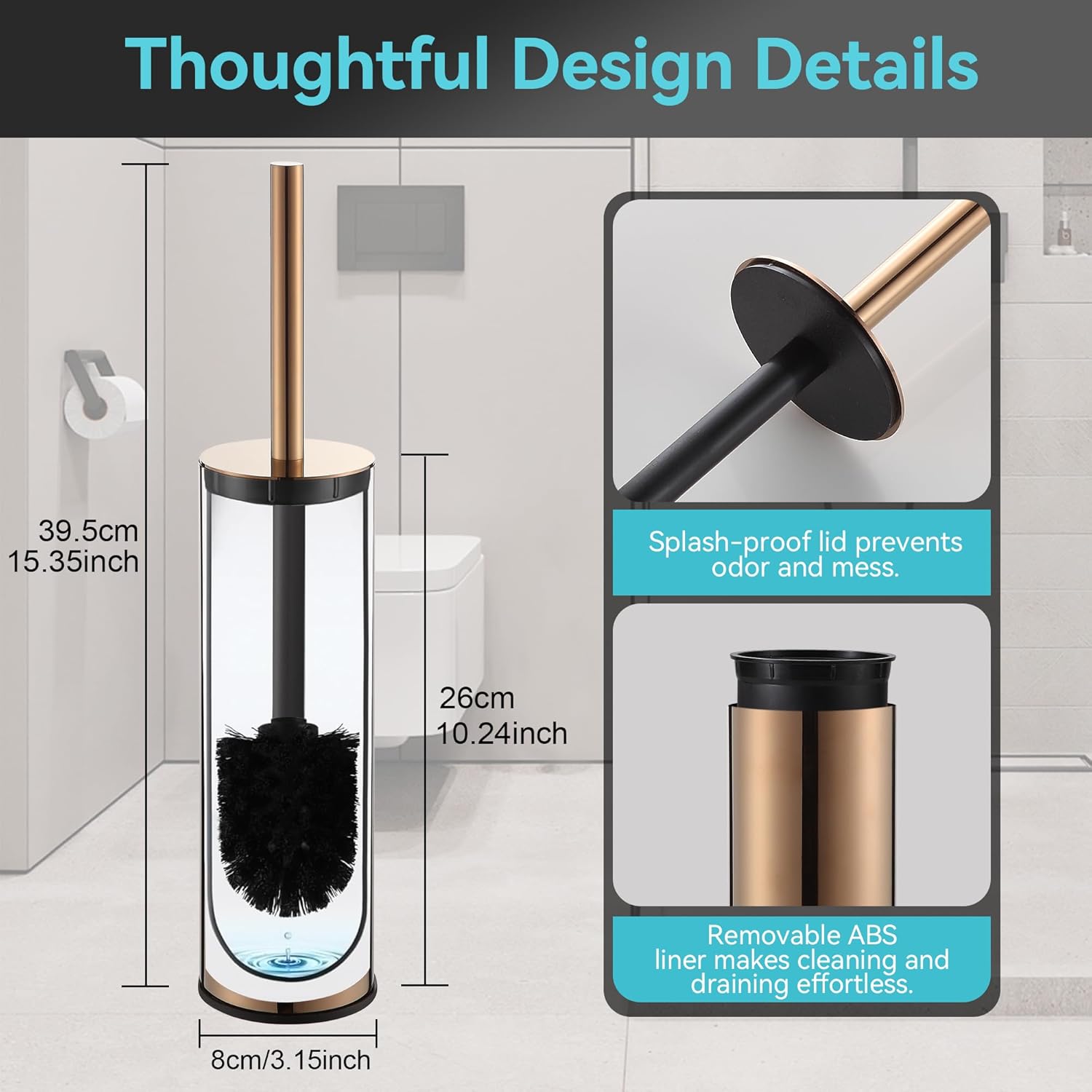 Detalle de Porte-brosse de toilette BGL 304 en acier inoxydable 304 (or rose) avec couvercle anti-odeurs