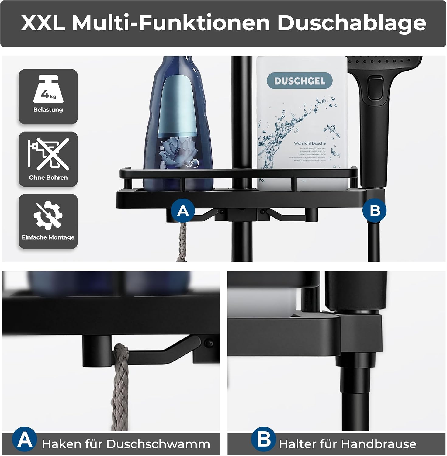 Thumbnail 6 de Görbach Colonne de Douche avec Mitigeur Thermostatique — Barre 70 cm en Acier inoxydable, Noir avec étagère et douchette