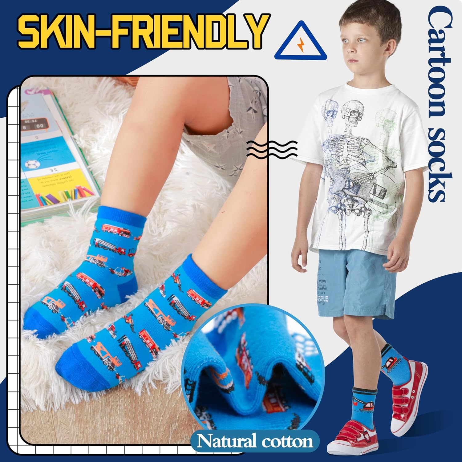 Detalle 2 de Welwoos 12-Pair Baby Boys’ Grip Socks, Cotton Crew with Cartoon Designs
