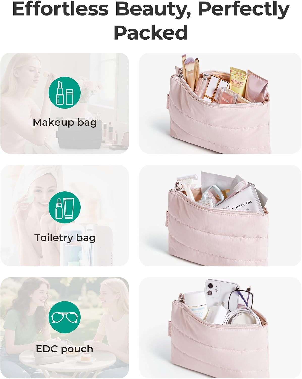 Thumbnail 3 de BAGSMART Small Makeup Bag: 1.6-Inch Slim Pink Puffy Pouch
