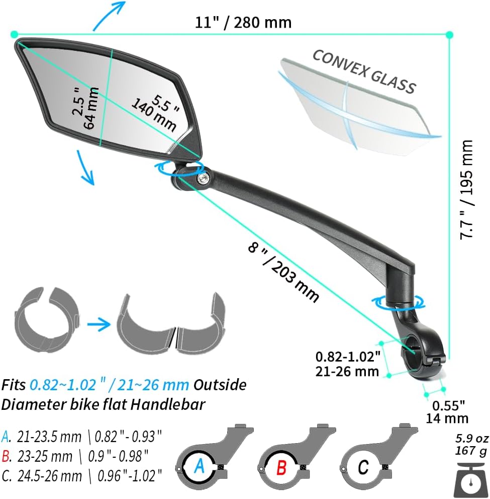 Thumbnail 5 de BriskMore Handlebar Bike Mirror – Crystal Clear 360° Adjustable HD Glass, 13" Arm, Shatterproof Convex Lens