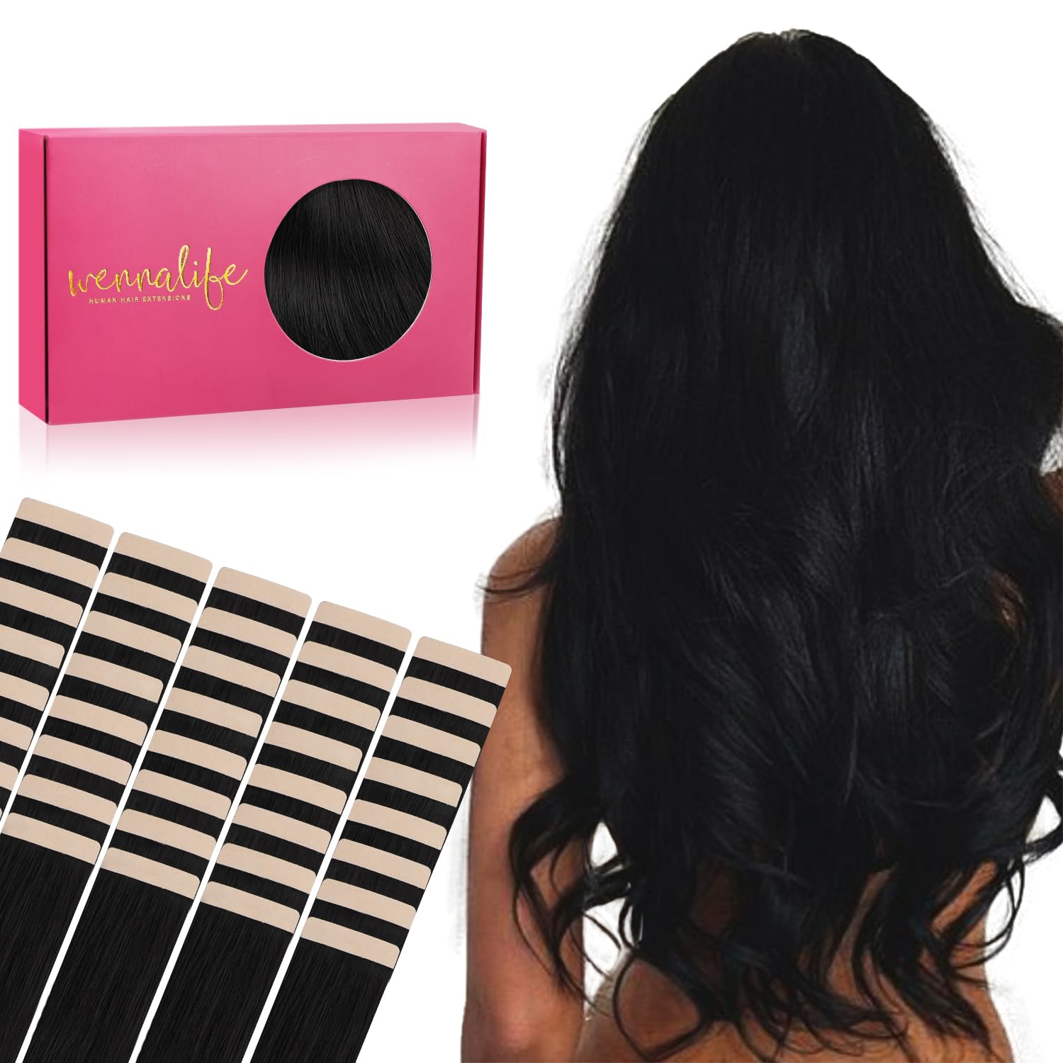 Detalle de WENNALIFE Tape Extensions Echthaar – Tiefschwarz, 40 Stück, 30 cm