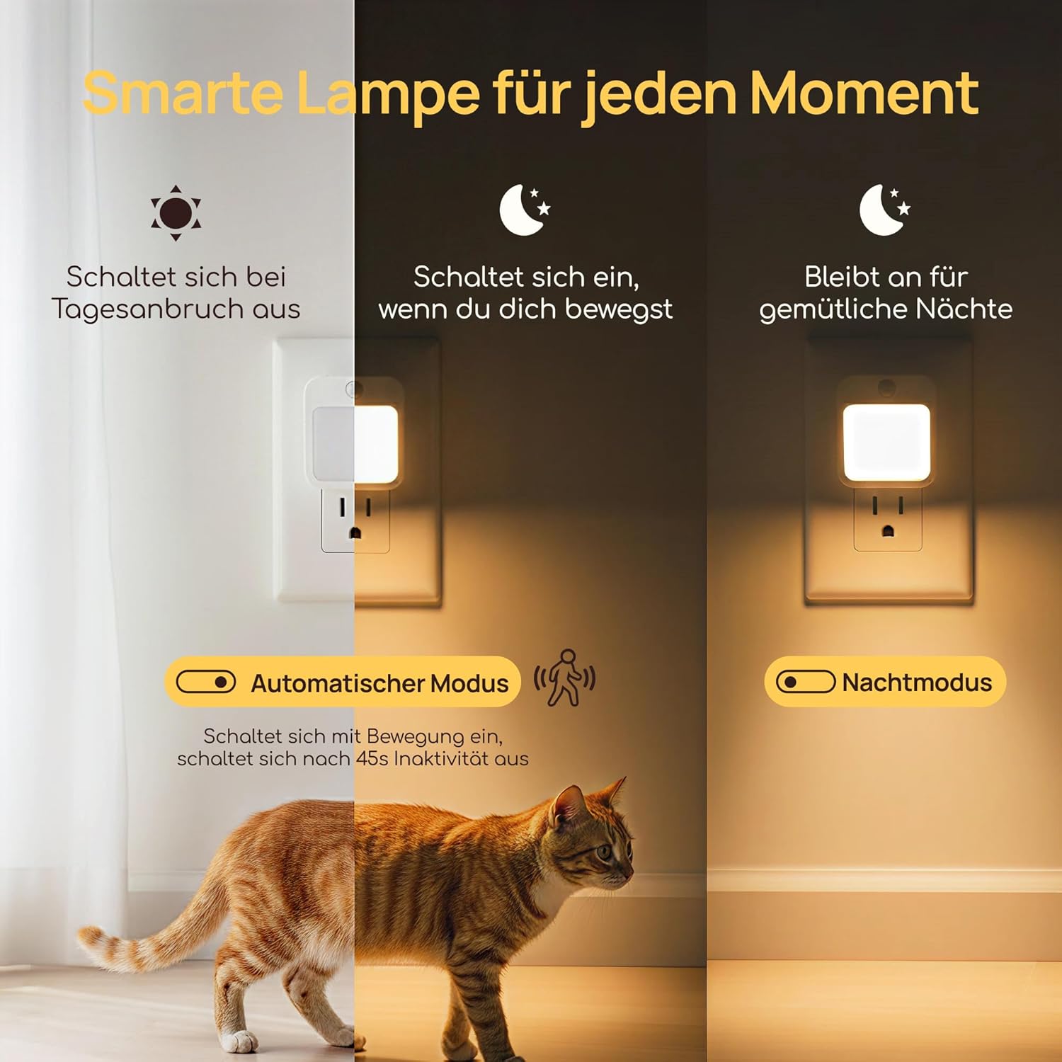 Thumbnail 2 de Nachtlicht Steckdosen mit Bewegungsmelder – 2er-Set, warmweißes Licht, dimmbar, automatischer Auto-Modus