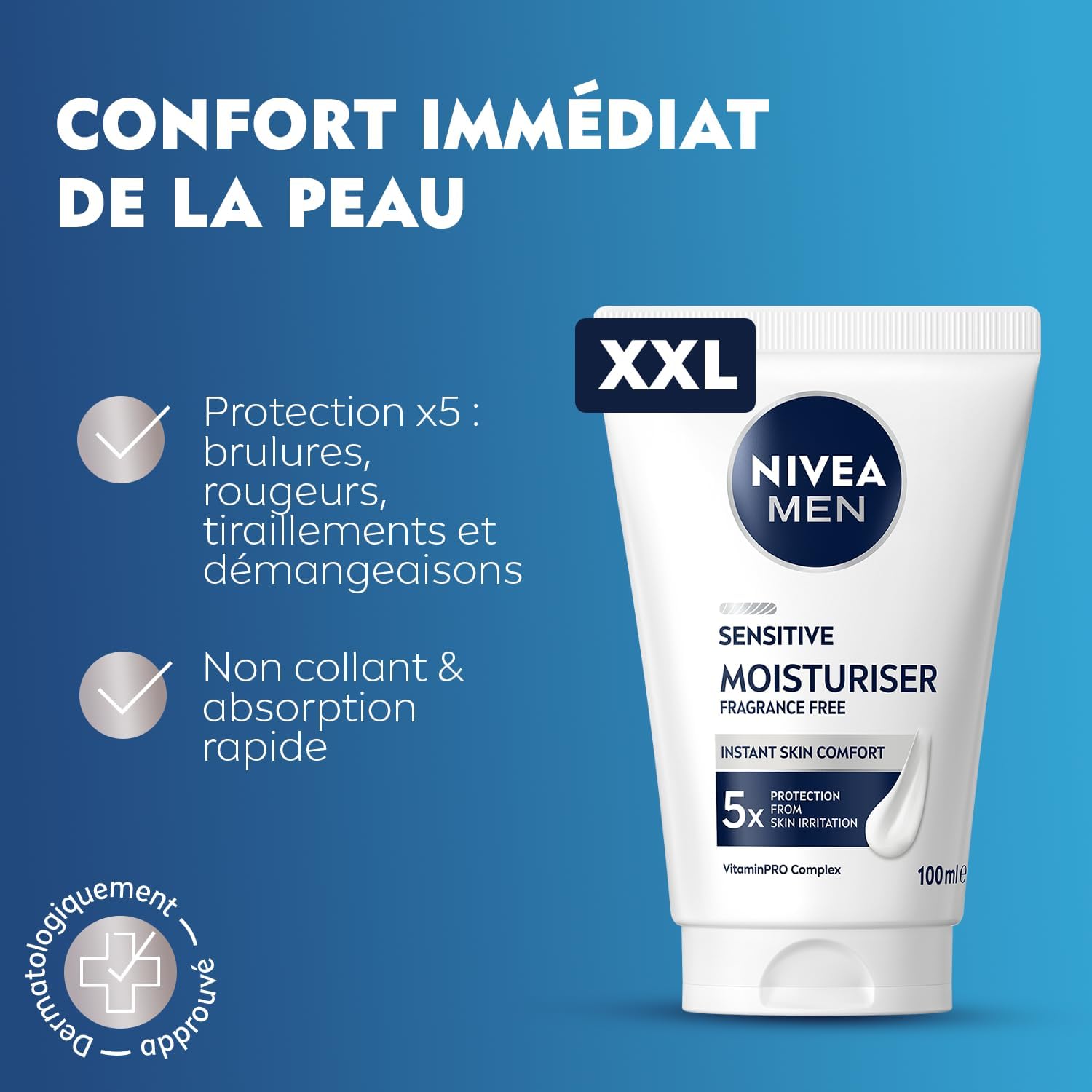Detalle 2 de NIVEA MEN Crème hydratante visage quotidienne Peau sensible, sans parfum (format XXL 100 ml)