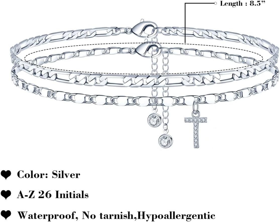 Detalle 2 de TINGN Bracelet de cheville pour femme plaqué or 14 carats avec initiales CZ - chaîne double et réglable