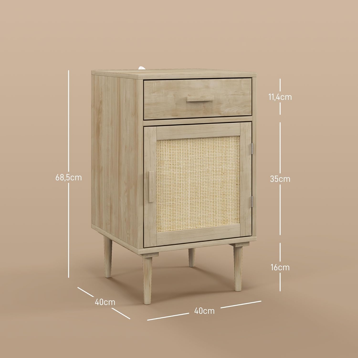 Detalle de HOMCOM Table de chevet bohème naturelle avec placard, étagère réglable et tiroir – 40 x 40 x 68,5 cm