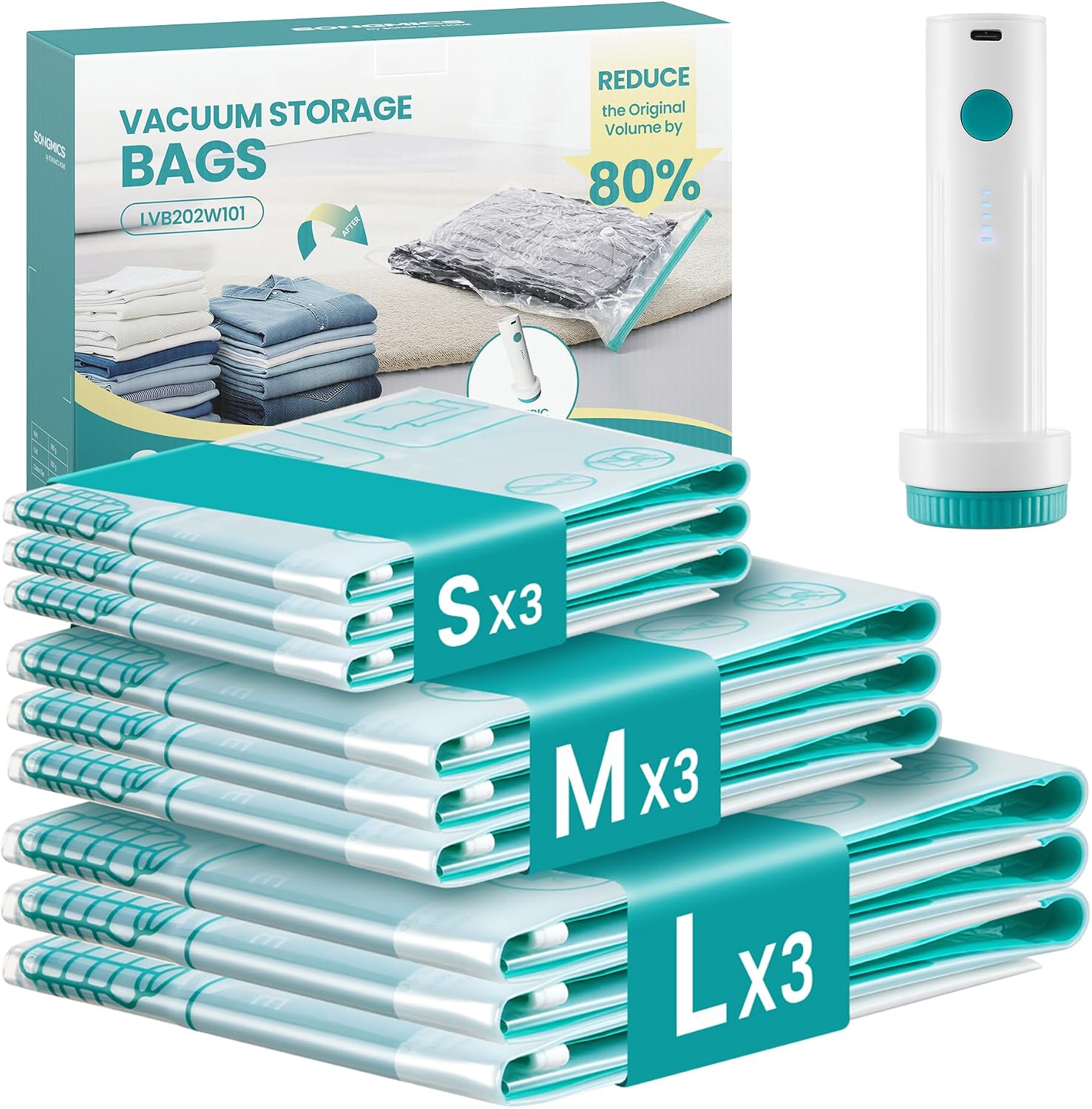 Detalle de SONGMICS LVB201W101 – 9 housses sous vide transparentes avec pompe électrique rechargeable USB-C