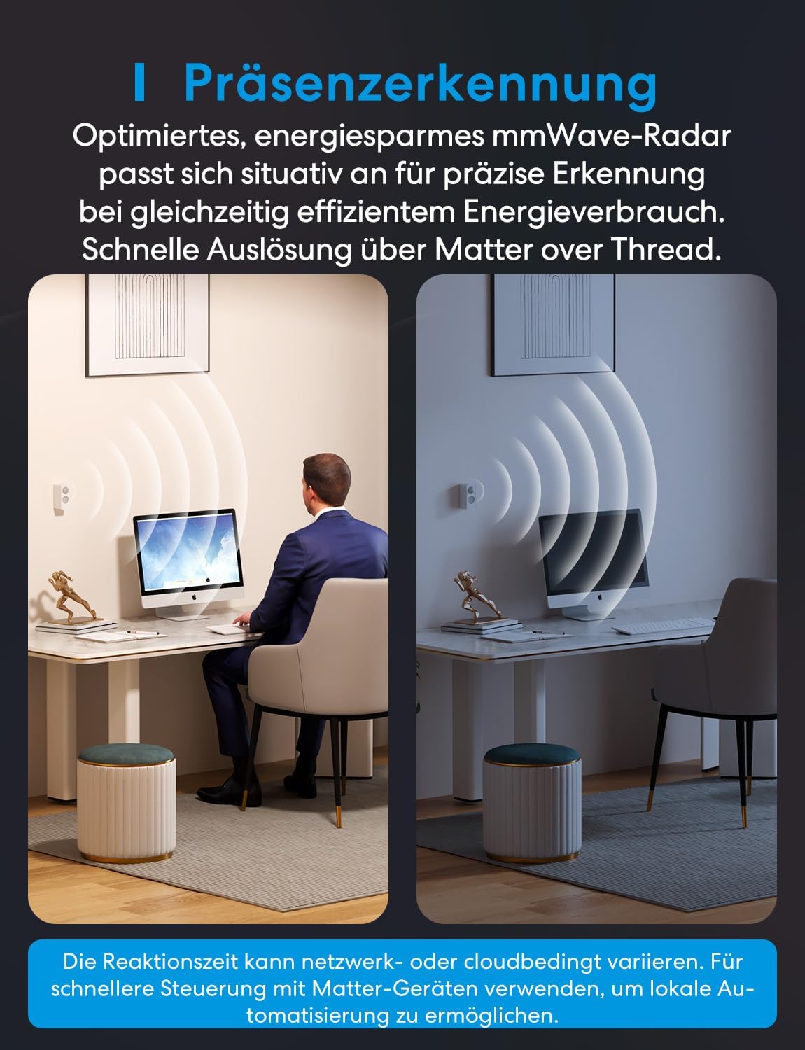 Detalle de Meross Matter Over Thread Präsenzsensor – 2er-Pack (innen/außen, IP67) mit mmWave, PIR und Licht