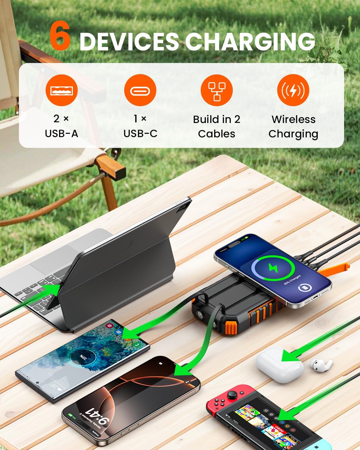 Thumbnail 3 de Riapow Solar Power Bank 20000mAh: 22.5W Wireless Solar Charger with Built-in Cables
