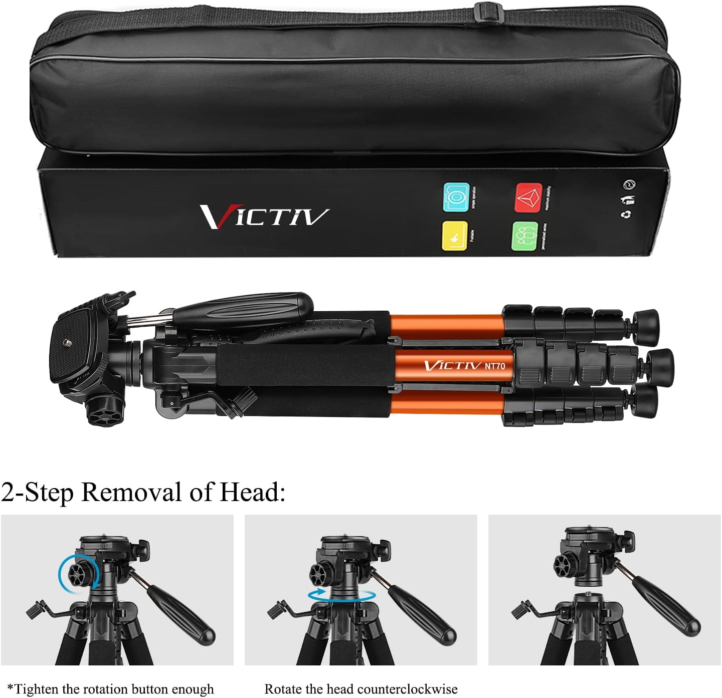 Thumbnail 5 de Victiv 182 cm Aluminium Camera Tripod with 360° Pan Head and Phone Holder