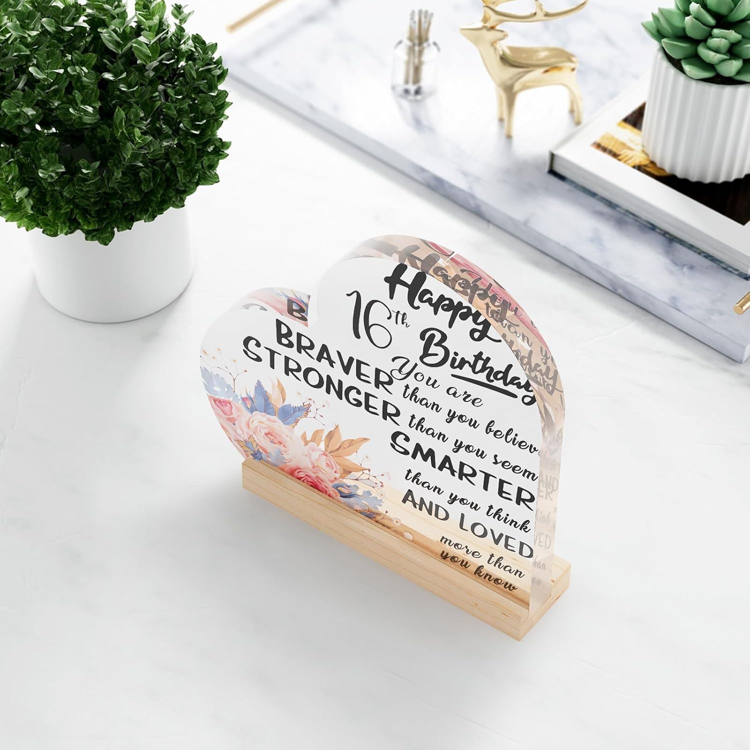 Detalle de SZXYCZL 16th Birthday Heart-Shaped Acrylic Plaque with Wooden Stand