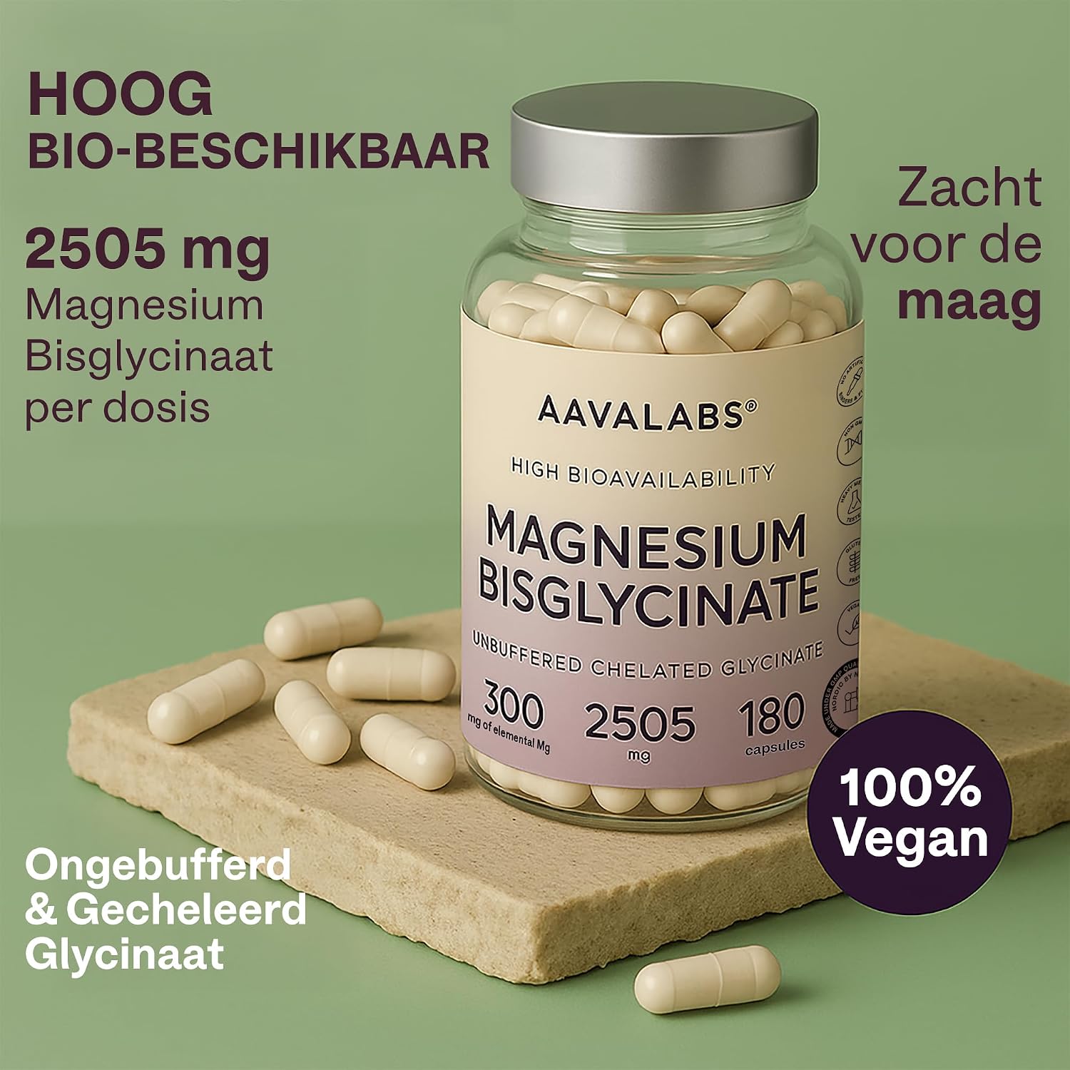 Detalle de AAVALABS magnesiumbisglycinaat 2505 mg, 300 mg elementair, 180 capsules
