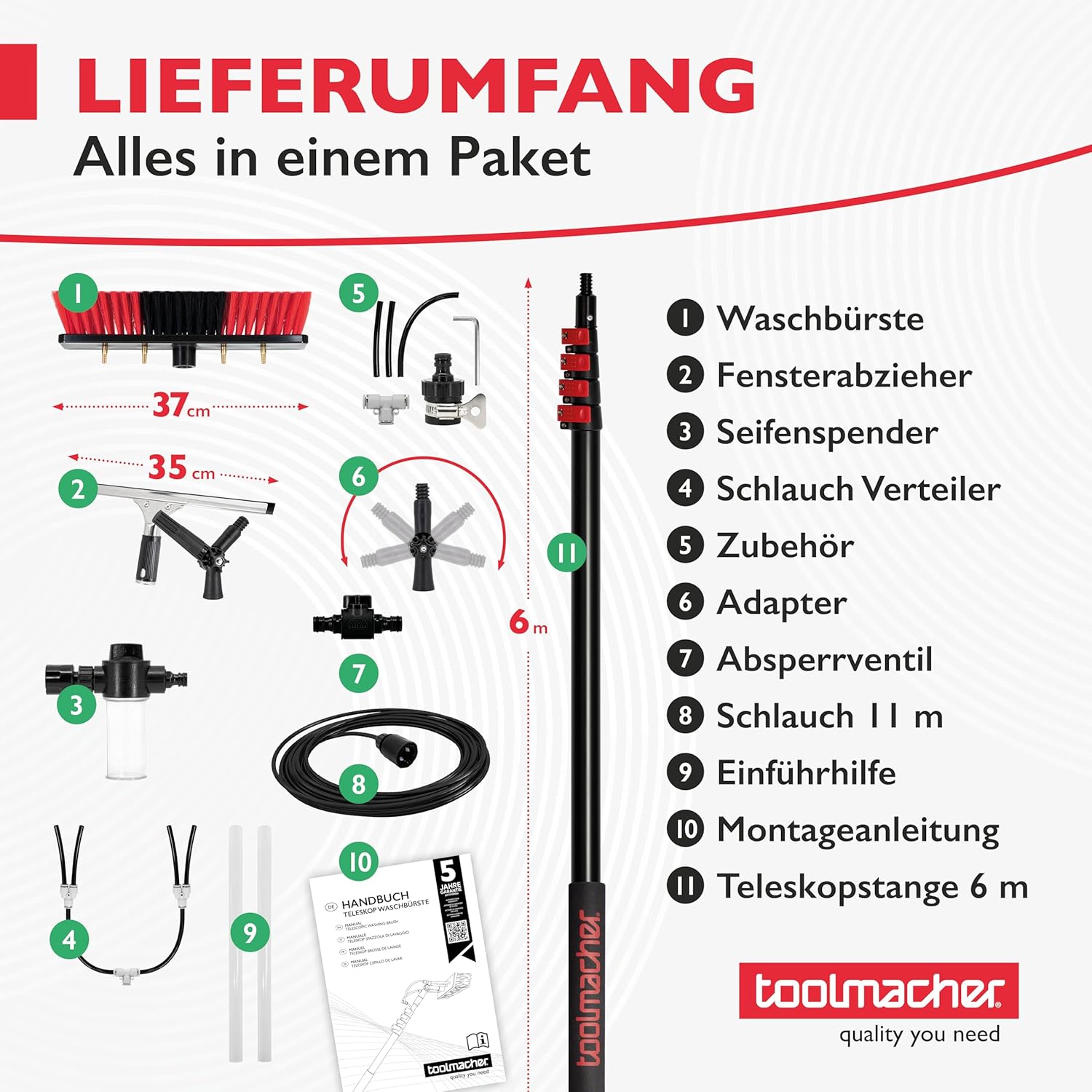 Detalle 2 de toolmacher Teleskop Waschbürste 6m inkl. Fensterabzieher – Terrassendach-Reiniger mit Seifenspender