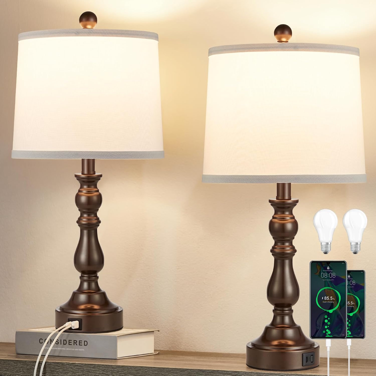 Detalle de Leasgy L-2T-138-G Table Lamp Set of 2, USB-A and USB-C Ports