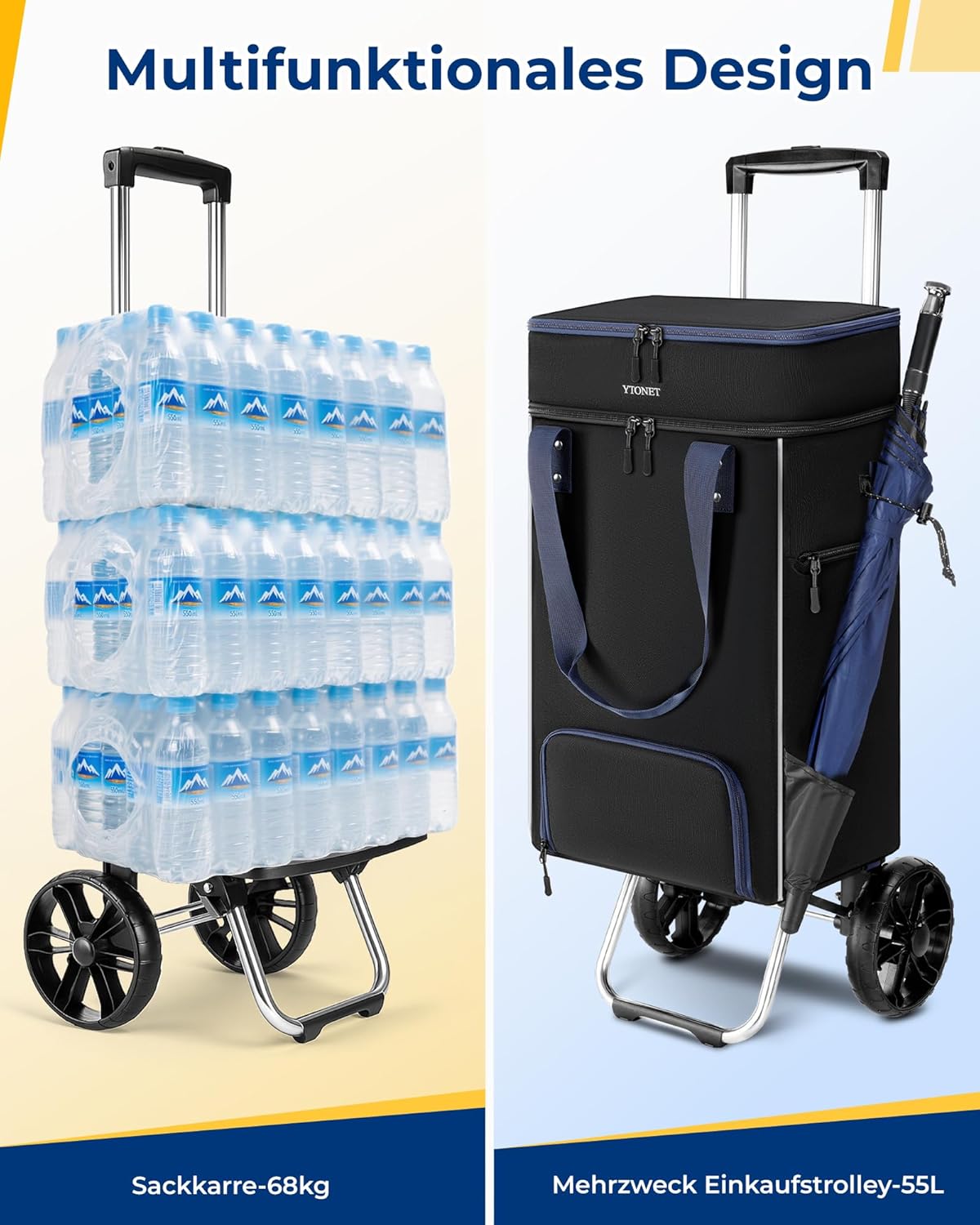 Detalle 2 de Ytonet Einkaufstrolley klappbar mit Kühlfach (3 Fächer, 55 Liter, bis 68 kg) – Shopping Trolley & Tasche, schwarz