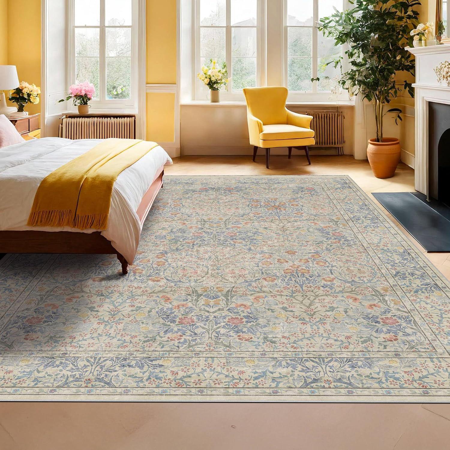 Detalle de 8x10 Washable Rug for Living Room – Vintage Floral, Non-Slip, Low-Pile (Beige/Blue)