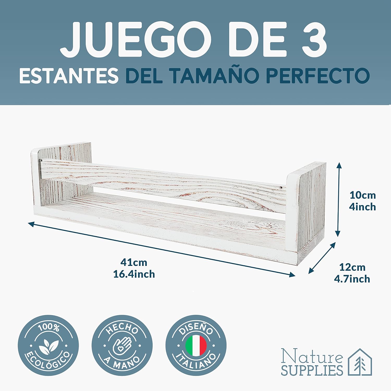 Detalle 2 de NATURE SUPPLIES Estantes flotantes de madera blanca, 3 unidades