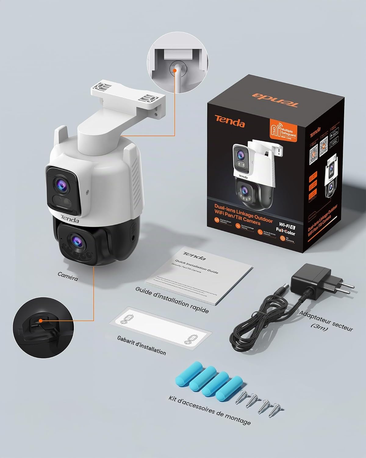 Detalle de Tenda CH9 Caméra de surveillance WiFi extérieure double objectif 2K+2K, PTZ 360° et vision nocturne couleur