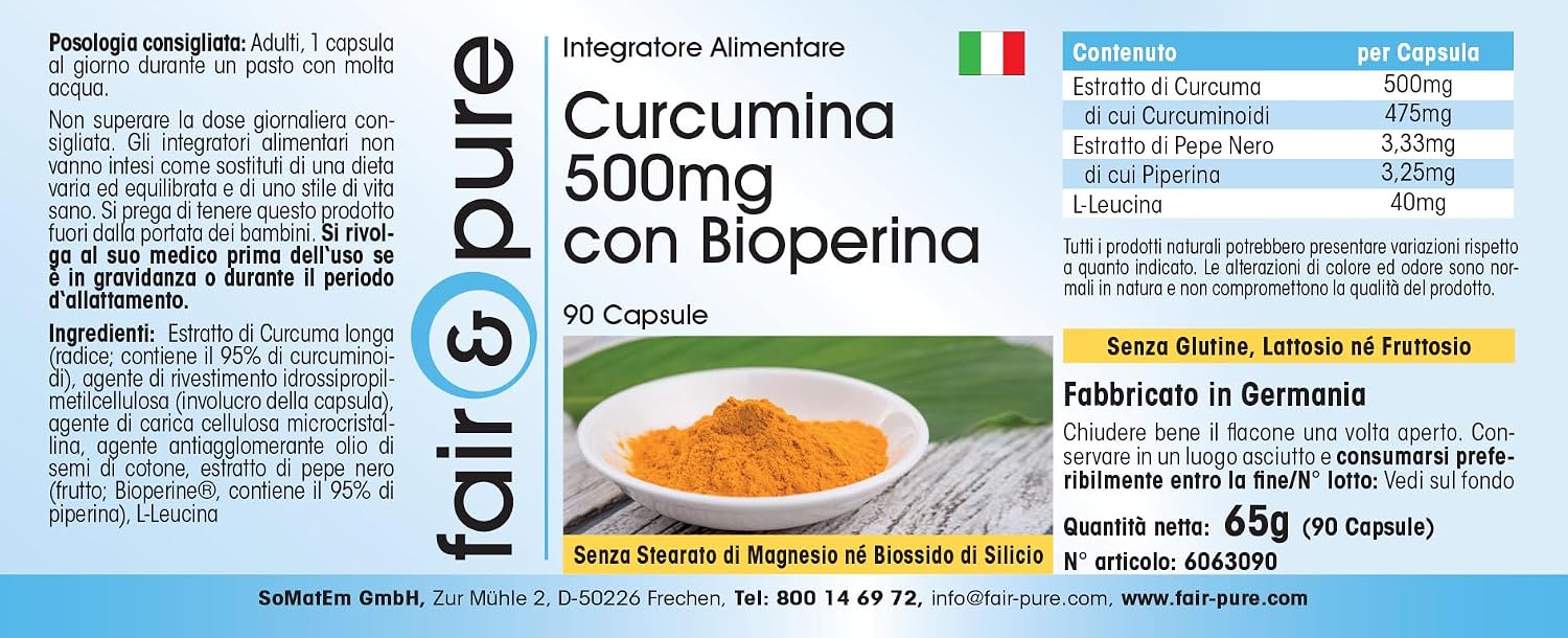 Detalle de Fair & Pure Curcumin 500 mg mit Bioperine – 90 Kapseln, vegan, in Deutschland hergestellt