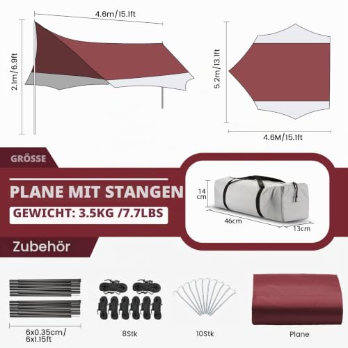 Detalle de Forceatt Camping Tarp mit 2 Stangen – wasserdicht, UV-Schutz, 4,6 × 5,2 m